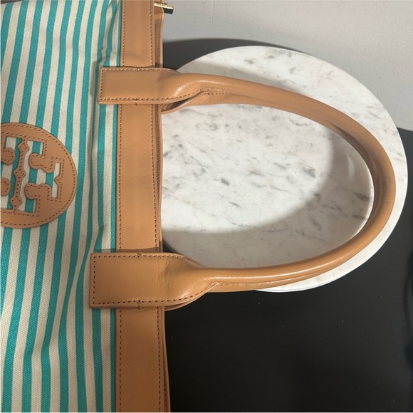 Tory Sophia Canvas Burch Aqua and Tan Striped Tote - Picture 11 of 15